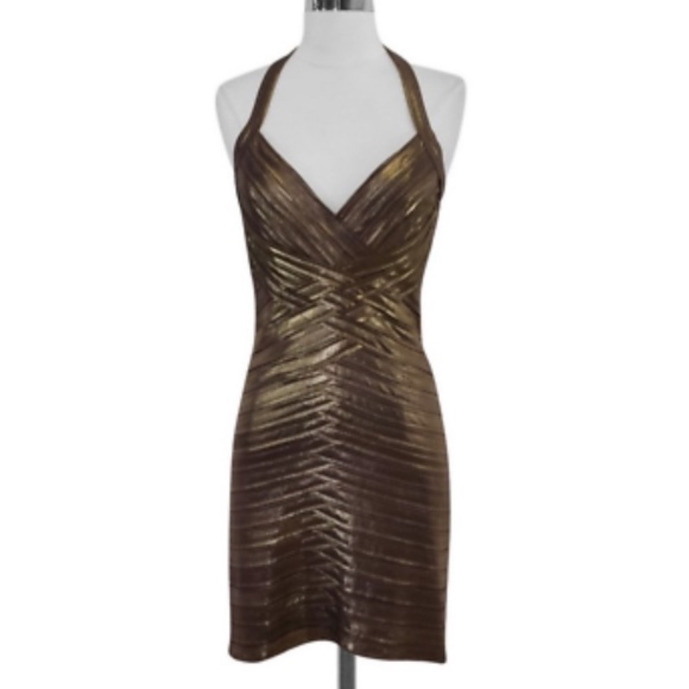 BCBG MAXAZRIA BRONZE GOLD METALLIC HALTER DRESS